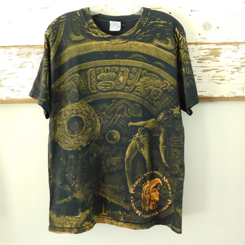 Yazbek Mayan Graphic T-Shirt Cotton Double Side PITZ Print Vintage Mens Medium